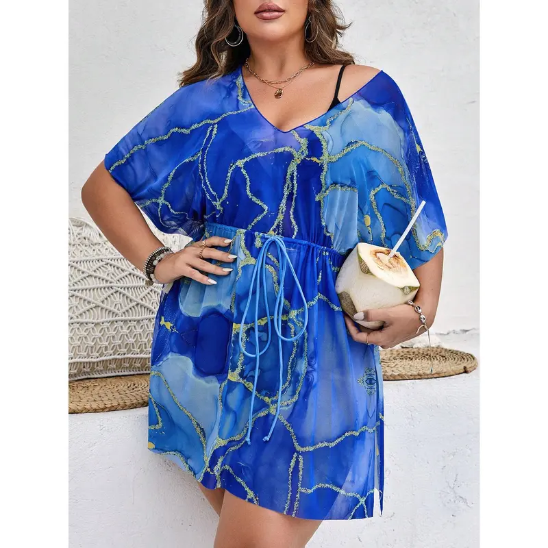 Swim Lushoire Summer Beach Plus Marble Print Batwing Sleeve Knot Front Split Hem Cover Up Dress Blue Casual 0