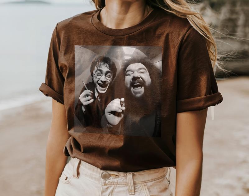 Funny Shirt, Harry And Hagrid Selfie T shirt, Potter Cctv Meme Tshirt, Black And White Wizard Tee Cotton Menswear Top Streetwear 6