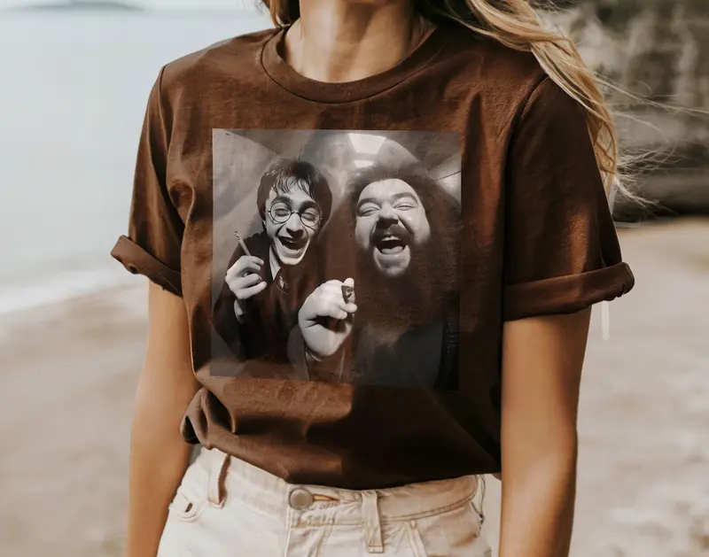 Funny Shirt, Harry And Hagrid Selfie T shirt, Potter Cctv Meme Tshirt, Black And White Wizard Tee Cotton Menswear Top Streetwear 6