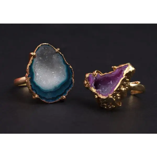 Unique Raw Geode Crystal Adjustable  - Blue/Purple vintage rings
