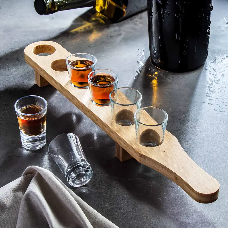 Wooden Drinks Paddle Tray with 6 Shot Glasses, Set of 6 x 40ml Shot Glasses with Serving Tray, Barware, Home Bar, Bar, Shot Glass Serving Board, Drinks Serving Board, Stylish Utensils 2
