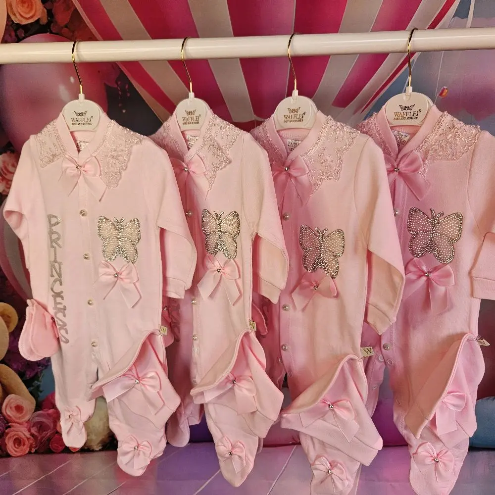 Diamonte Princess Butterfly Sleepsuit with Hat and Mittens for Baby Girls