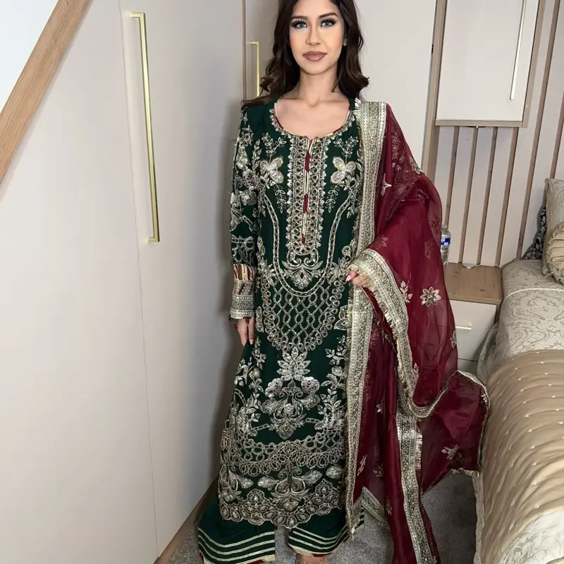 Caira Green Suit with Red-Maroon Duppatta - Traditional Women's Dress