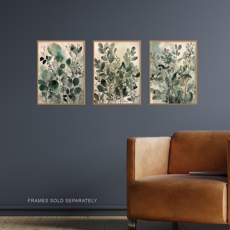 Set of 3 A4 Botanical Plants Sage Green Watercolour Eucalyptus Leaves Boho Artworks Unframed Wall Art Living Room Poster Prints Pack Decor Ornaments Decoration  Photo 1