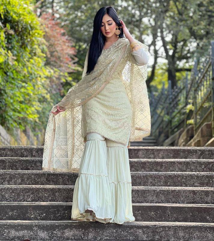 Traditional and Elegant Designer Faux Georgette Fabric Heavy Dress Plazzo with Dupatta For Women Elegance Garment 4