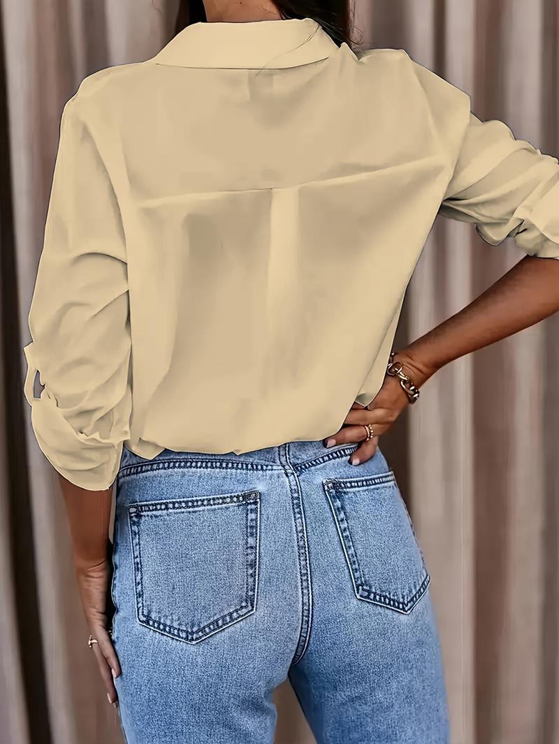Product Introduction of Solid Button Front Shirt, Casual Turn Down Collar Office Work Shirt, Women's Clothing 17