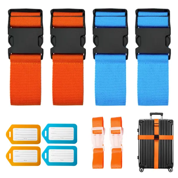 Kravius Luggage Suitcase Straps Set, 10 Pack, 4 Suitcase Straps, 2 Handle Bag Straps, 4 Luggage Tags (Orange/Blue)