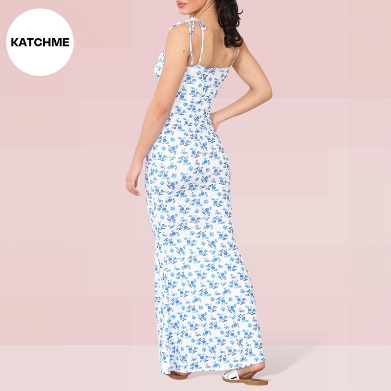 KatchMe Fresh Womenswear Adjustable Strap Floral Print Tie-Up Slinky Maxi Dress,Summer Mermaid Tail Dresses for Women,Birthday Outfits,Womenswear 5