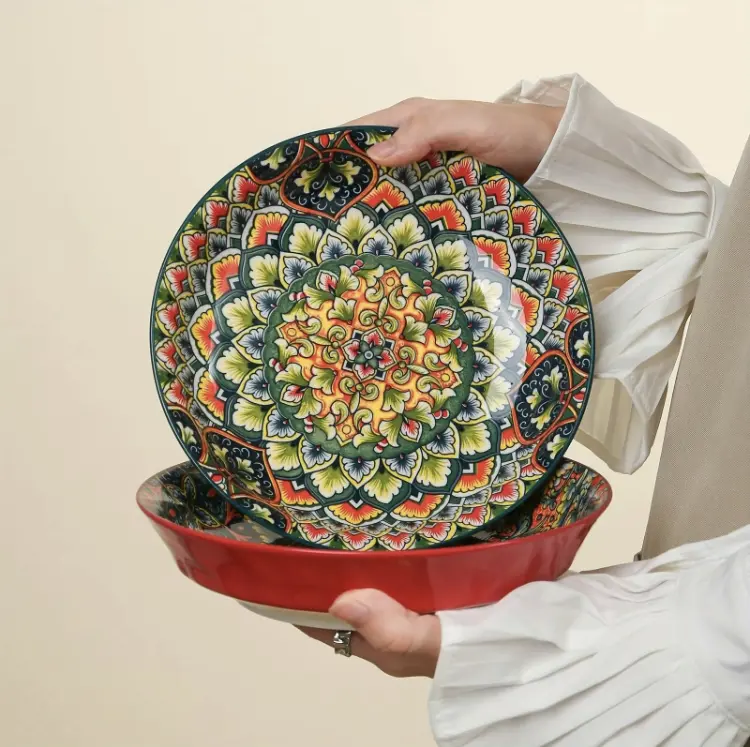 Bohemian Style Ceramic Dinner Plate Set, 4 Counts/set Creative Breakfast Bowl, Large Deep Plate for Home and Restaurant Use Stylish Aesthetic 2