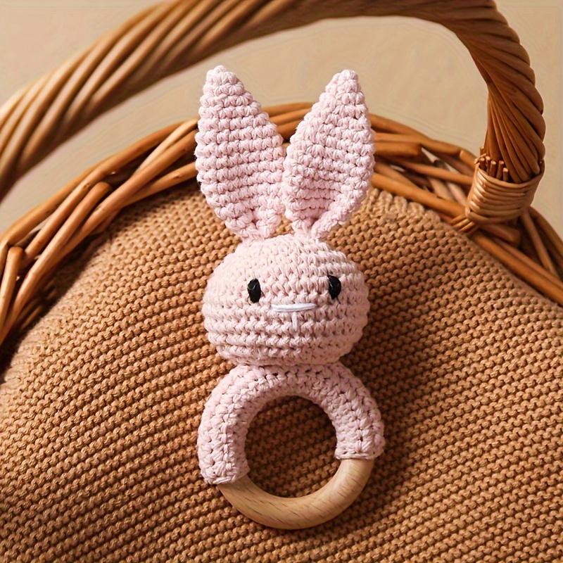 Product Introduction of Crochet Rabbit Baby Rattle, Cute Rabbit Grasping Toys, Baby Gnawable Wooden Hand Rattle, Hand Rattle Toy Gift Box, White Pink Blue Brown, with Christmas & Easter Gift 4