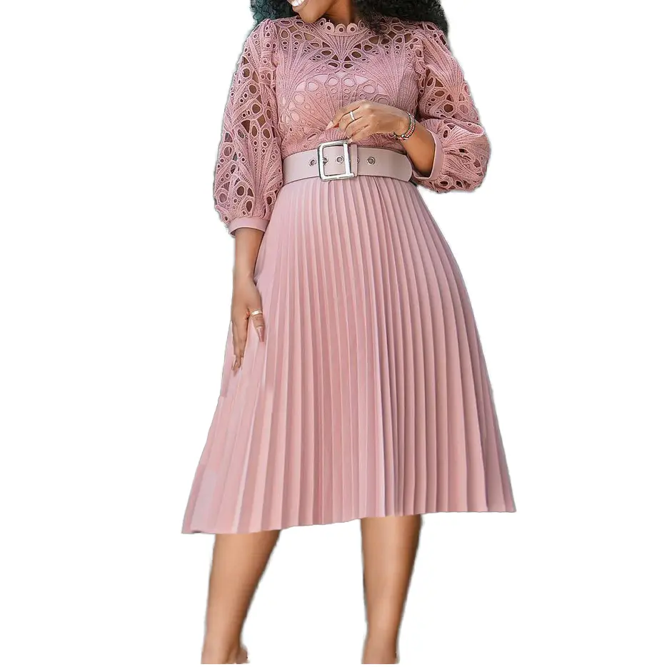 Women's Long Sleeve Pleated A-Line Midi Dresses Casual Striped Design Embroidered Belt Hollow Lady 5XL Plus Spring Summer