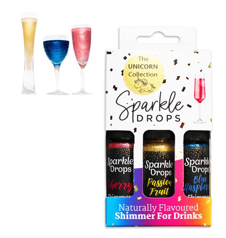 Sparkle Drops Unicorn Collection (Blue Raspberry, Passion Fruit & Cherry) Shimmer Syrup for Drinks-Prosecco, Gin, Vodka, Cocktails & Mocktails - 18-24 Servings. (Dairy Free, Fruity, Low Fat, Natural Flavours) Beverage Sweet edible glitter Set 0