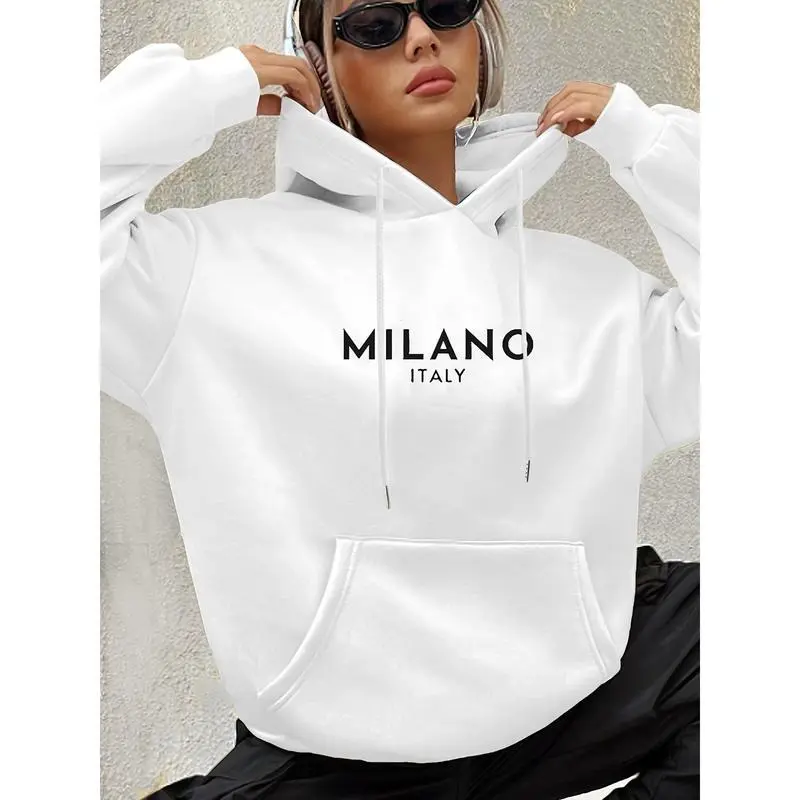 Milano Print Kangaroo Pocket Hoodie, Casual Long Sleeve Drawstring Hoodies Sweatshirt, Women's Clothing