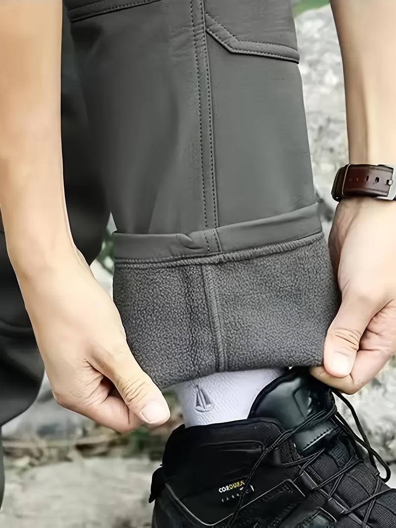 Product Introduction of Men's Solid Color Thermal Cargo Pants, Slightly Stretch Multiple Pockets Design Pants For Winter Outdoor Activities Menswear Trouser Plain Beige 23