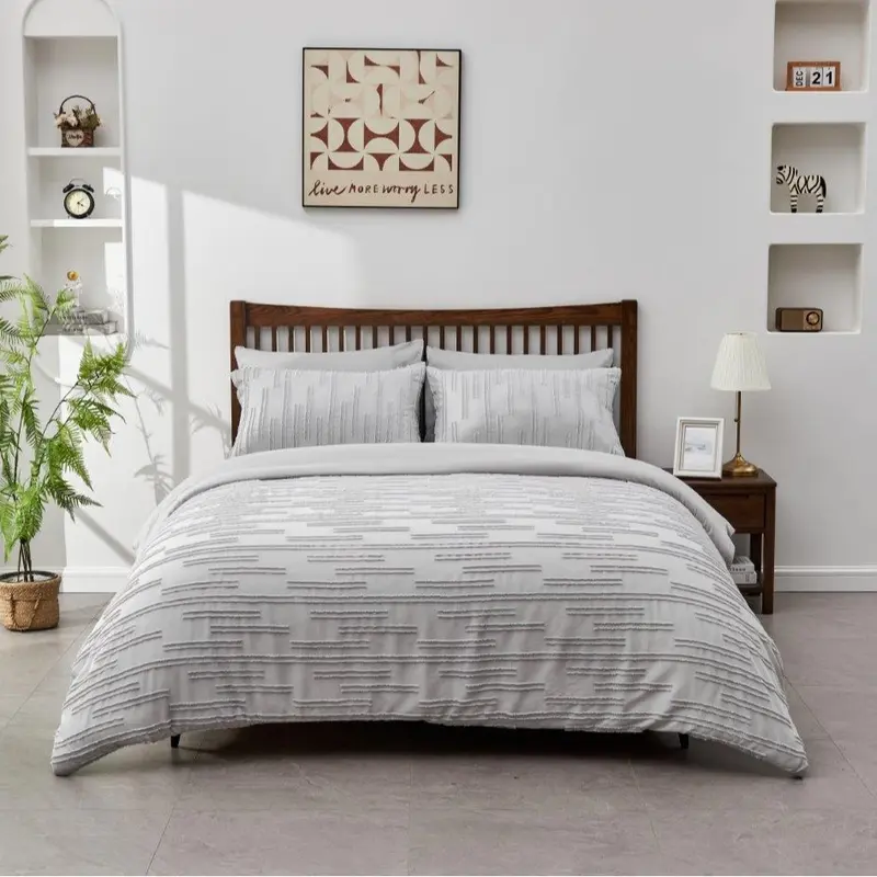 Signature Duvet Quilt Cover Set Tufted Quincy Bedding Luxury Single Double Super King Size Bed Soft Microfiber Polyester Charcoal Grey White 0