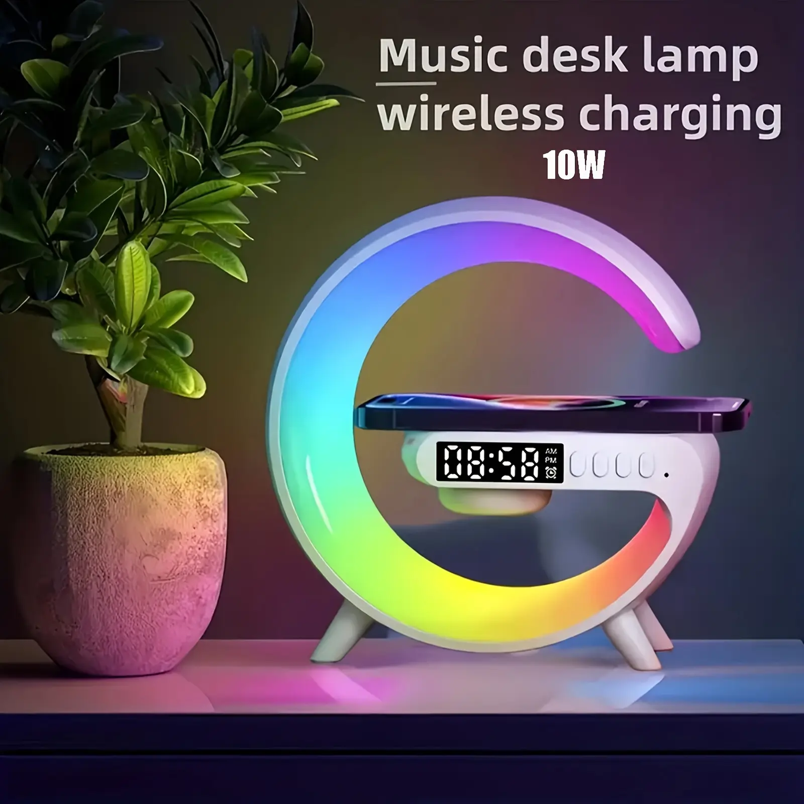 Wireless Charger Lamp Bluetooth Speaker Music Clock Alarm Key and App Control with 10 Light Color Modes for Smartphones and Audio Devices Cellphone Charging Electronic