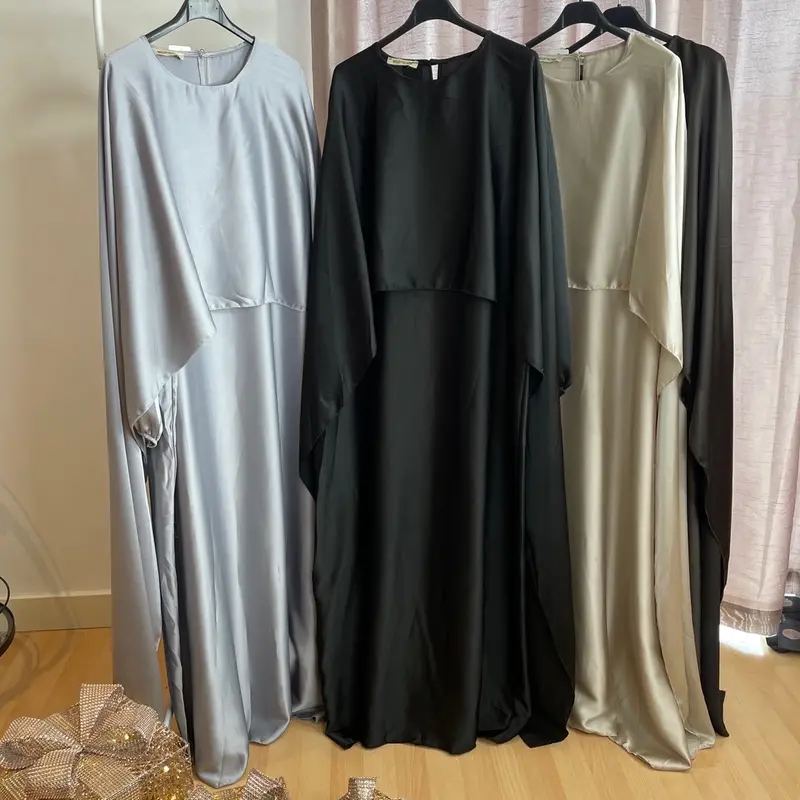 Cape Satin Dress Long Sleeve Plain Round Neck Classy 3