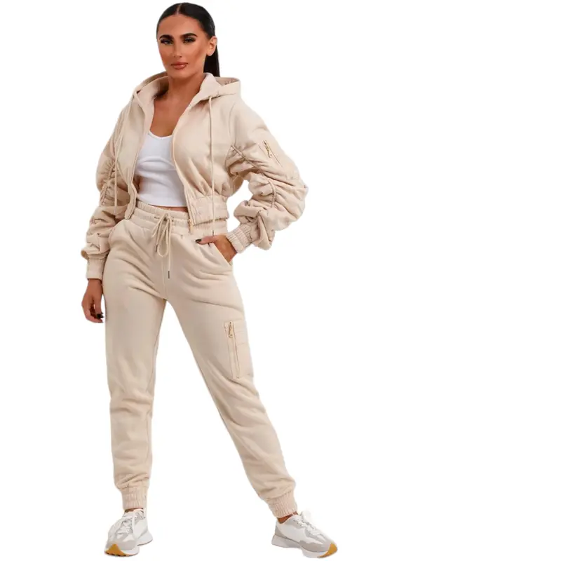 Women's Crop Rushed Hooded Zip set Oversized 2 Piece Loungewear Tracksuit Co-Ord Joggers  Top Set Size 8-16 Comfort Long Sleeve Womenswear Breathable Casual Comfortable Fitness Pants Coat Drawstring Pockets Soft Stretchy  Trouser Fabric viral  lounge 2
