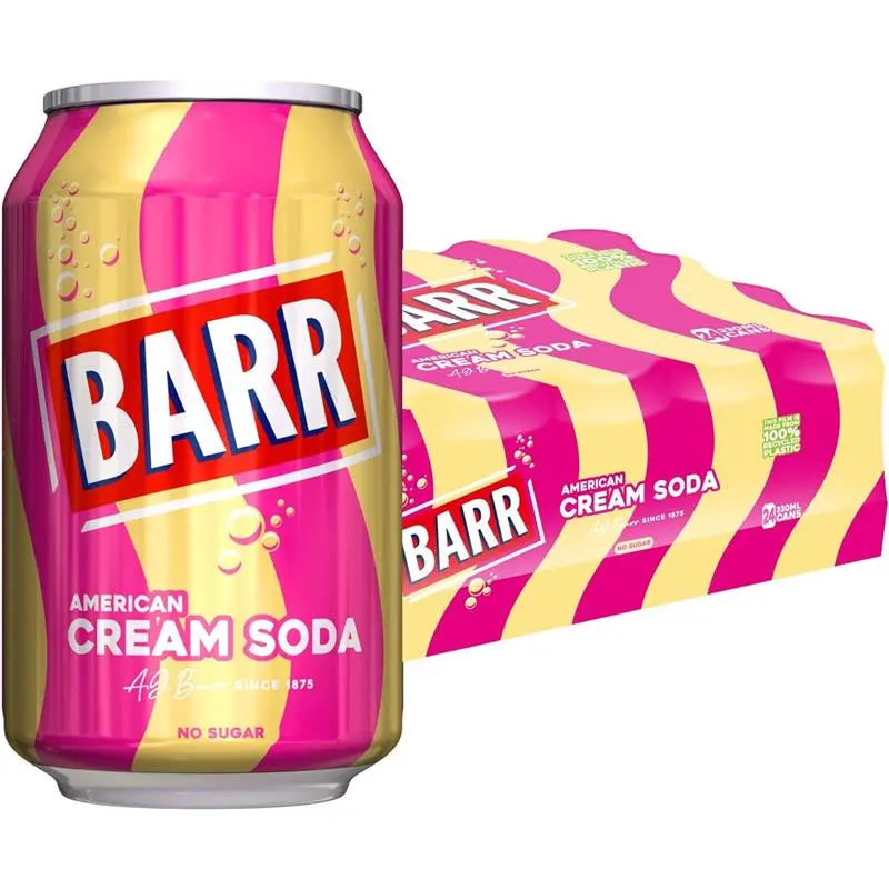 Barr American Cream Soda Zero No Sugar Sparkling Soft Drink, 24 Pack, 24 x 330ml Cans - Beverage, Summer
