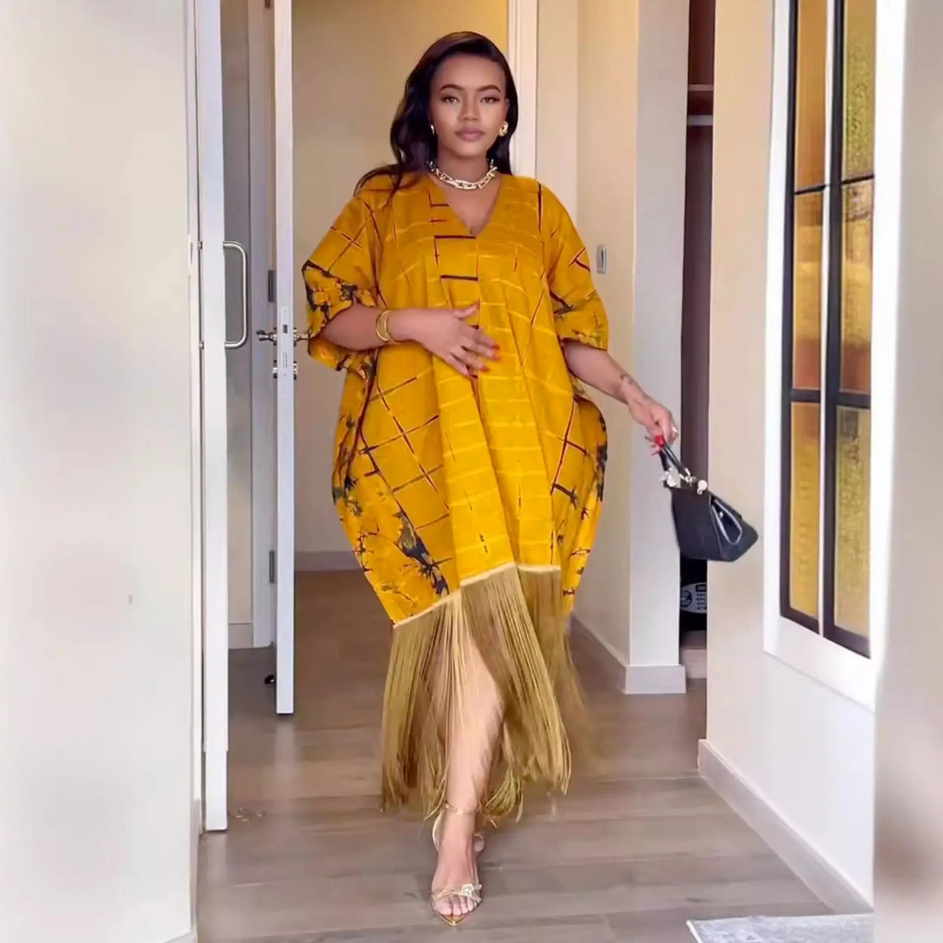 2025 Spring and Summer New African Hot Selling Super Plus Size Long Dress Holiday Loose Casual Tassel Women's Dress