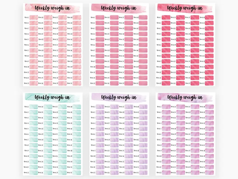 Gorgeous 52 Week Weekly Weigh In Weight Loss Tracker (52 Wks). A4 Printed Weight Loss Chart, Annual Weight Loss Tracker, Yearly Weight Loss Tracker. Laminated Or Unlaminated in 15 Colour Options. Start Tracking Your Weight Loss Now. 0