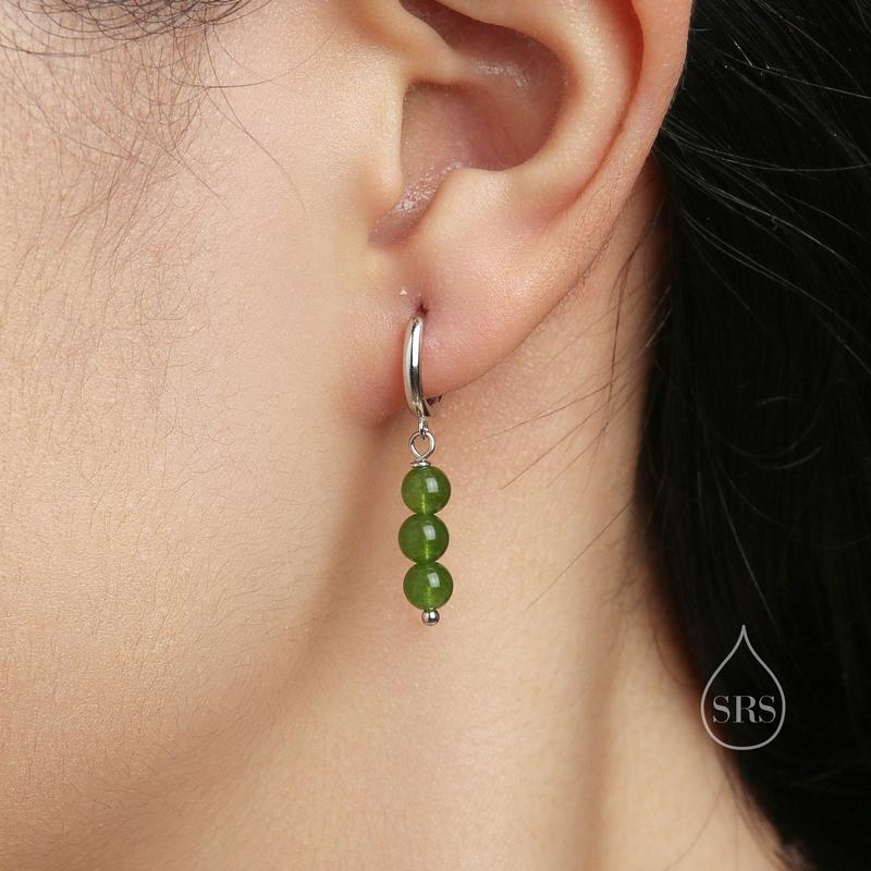 Genuine Green Chalcedony Stone Trio Huggie Hoop Earrings in Sterling Silver, Green Chalcedony Cluster Dangle Earrings, Three Stone Hoops 6