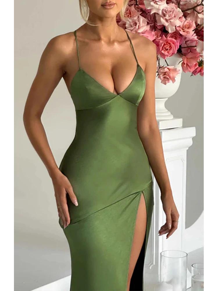 Product Introduction of Bandage Backless Elegant Dress Split Hem Spaghetti Strap Slim Cocktail Party Club Fashion Satin Solid Lace-Up Long Dresses 14