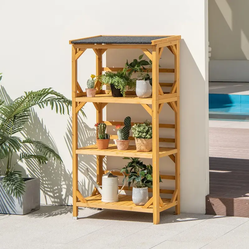 COSTWAY 3-Tier Outdoor Wooden Storage Shelf, 137cm Tall Plant Stand Rack with with Weatherproof Asphalt Roof, Garden Utility Tool Organizer for Patio Balcony, Hold up to 90kg 1