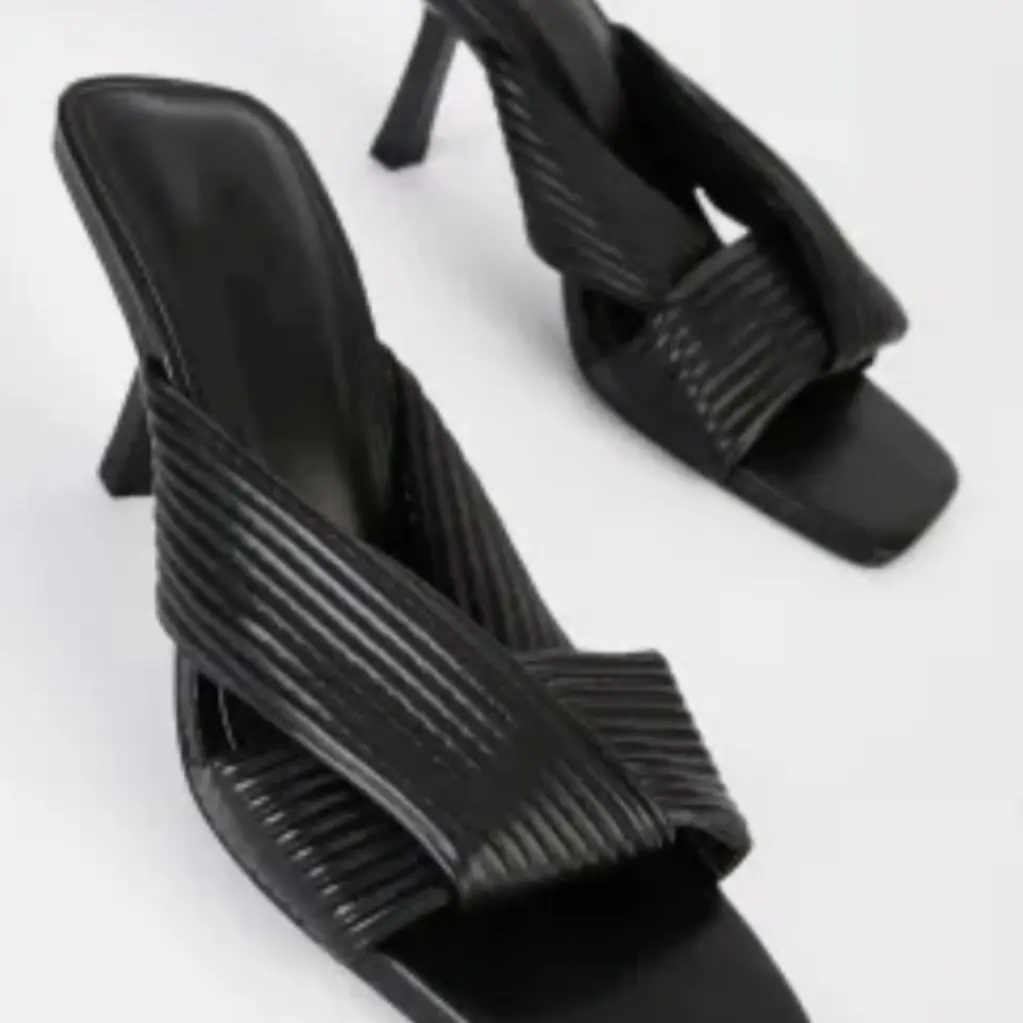 Women's Black Textured Strap Heel Mules - Perfect for Any Occasion - Shoe, Footwear Girl Walking Shoes Sandal Summer Comfort LightWeight