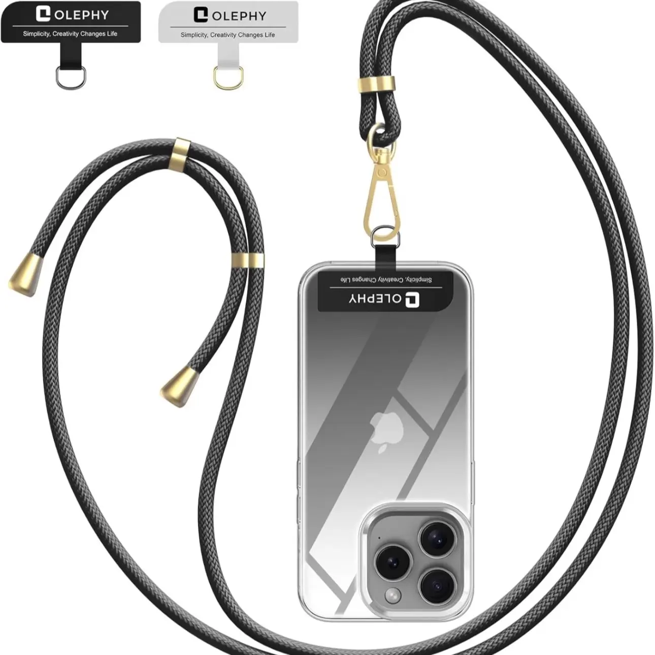OLEPHY Crossbody Phone Lanyard Strap with 2 Pack Patchs, Adjustable Universal Nylon Neck Strap Compatible with Most Smartphones and Cases, Black