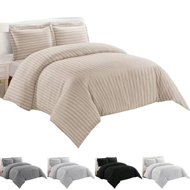 Satin Stripe Duvet Quilt Cover Bedding Set Single Double King Super-King Size W Pillowcases Microfiber Sleepdown Premium Hotel Quality Duvet Cover Set with Pillowcases Quilt Bedding Soft Easy Care Luxury Bed White Black Silver Cream Grey 0