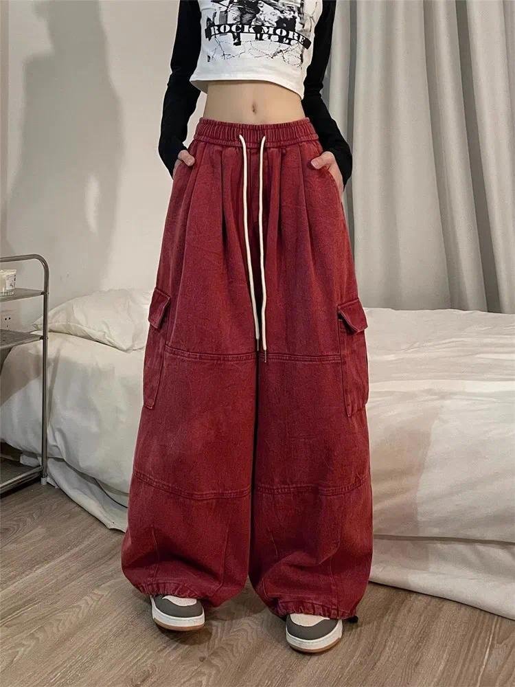 Product Introduction of 2024 Korean Y2K Fashion Drawstring Casual Baggy Cargo Jeans Pants Women Clothing Straight Wide Leg Sweatpants Female Trousers 13