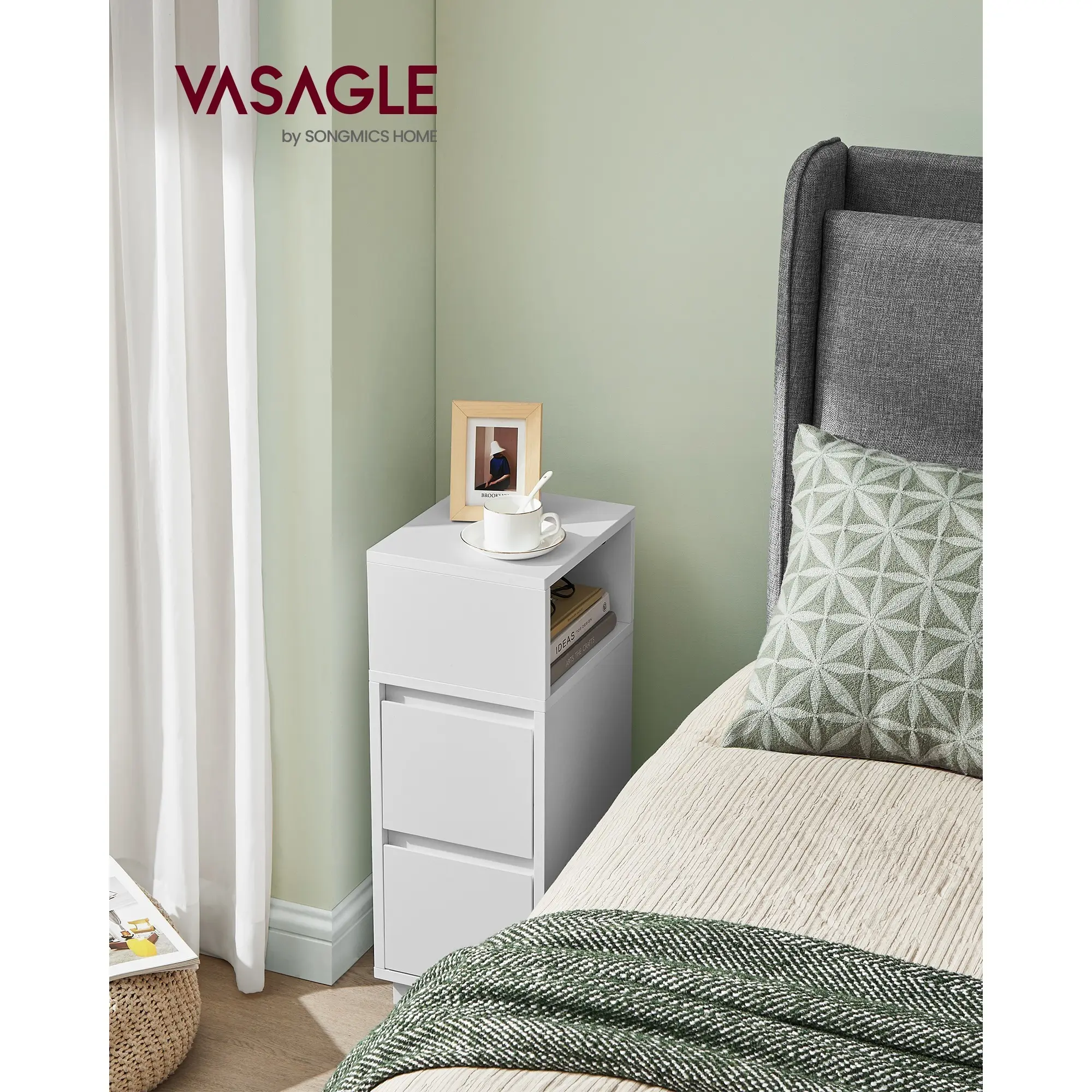 Slim Bedside Table, Small Narrow Side End Table with 2 Drawers, 1 Open Compartment Mounted to Face Left or Right, for Bedroom, Living Room