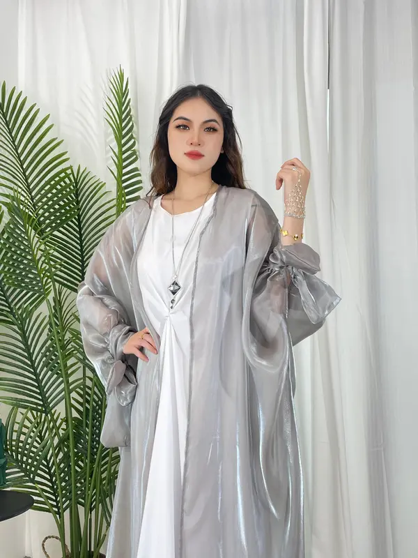 Open abaya Organza Abaya, Shiny Silk Abaya Muslim Long Women Dress 2