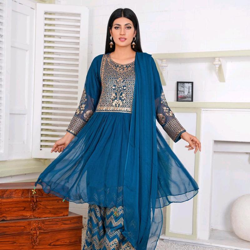 3 Piece Embroidered Chiffon Frock by Pehnawa Fashion | PD-1500-3 | Womens Party Wear 0