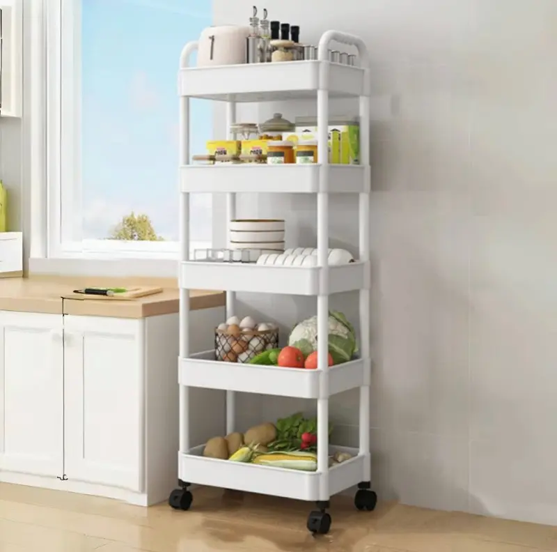 5 Tier Trolley Multi-Purpose, Versatile Rolling off-white Storage Cart, Utility Organizer With 4 Wheels, Easy To Assemble Cosmetic Shelves, Kitchen Rack, Book Shelf, Bedroom-Livingroom Snacks, Laundry Basket, Space-Saving Toilet Storage Holders bathroom 2