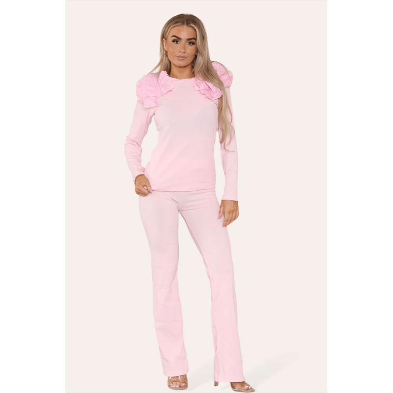 Ruffle Frill Shoulder Ribbed Loungewear Co-Ord Top & Trouser Set Womenswear Bottom Comfortable Cute 4