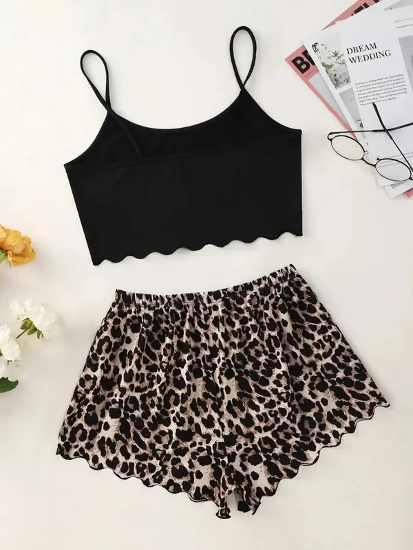 Sexy Leopard Print V-Neck Sling Pajama Set – Sleeveless Top & Shorts Sleepwear 1