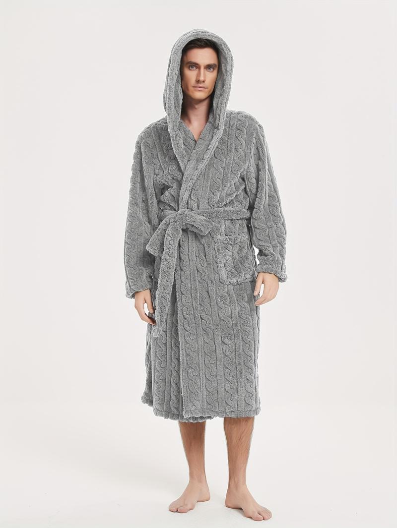 Product Introduction of Men's Comfy Solid Fleece Robe Home Hooded Pajamas Wear With Pocket & Hair Dry Hat, One-piece Lace Up Kimono Night-robe Warm Sets After Bath 16