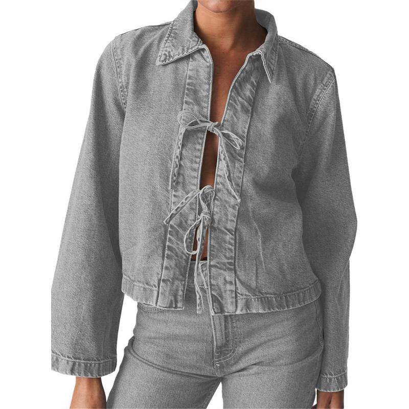 Women's Denim Tie Front Jacket Solid Color Lapel Long Sleeve Casual Cropped Coats Spring Fall Outerwear 4