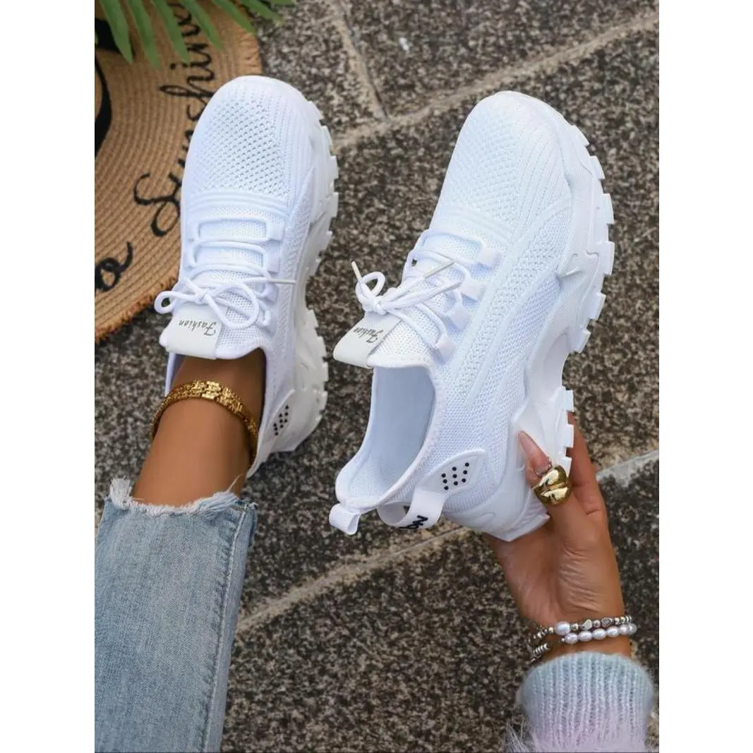 Women's Fashionable Lace Up Low Top Sneakers, Casual Comfortable Breathable Sports Running Shoes, All-match Basic Shoes for Daily Wear, Trending Shoes Closed Runner Training Trainer Footwear Athletic Girls White