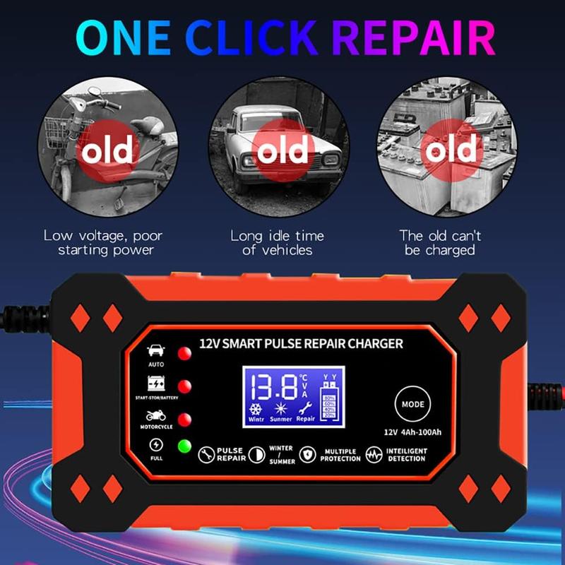 Car Battery Charger 12V 6A Fast Charger Automatic Smart Pulse Motorcycle Boat Repair AGM/GEL ATV SUV Jump Starter LCD Screen 5