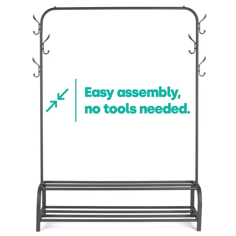 Clothes Storage Rail with Hooks & Shoe Rack - Black 6