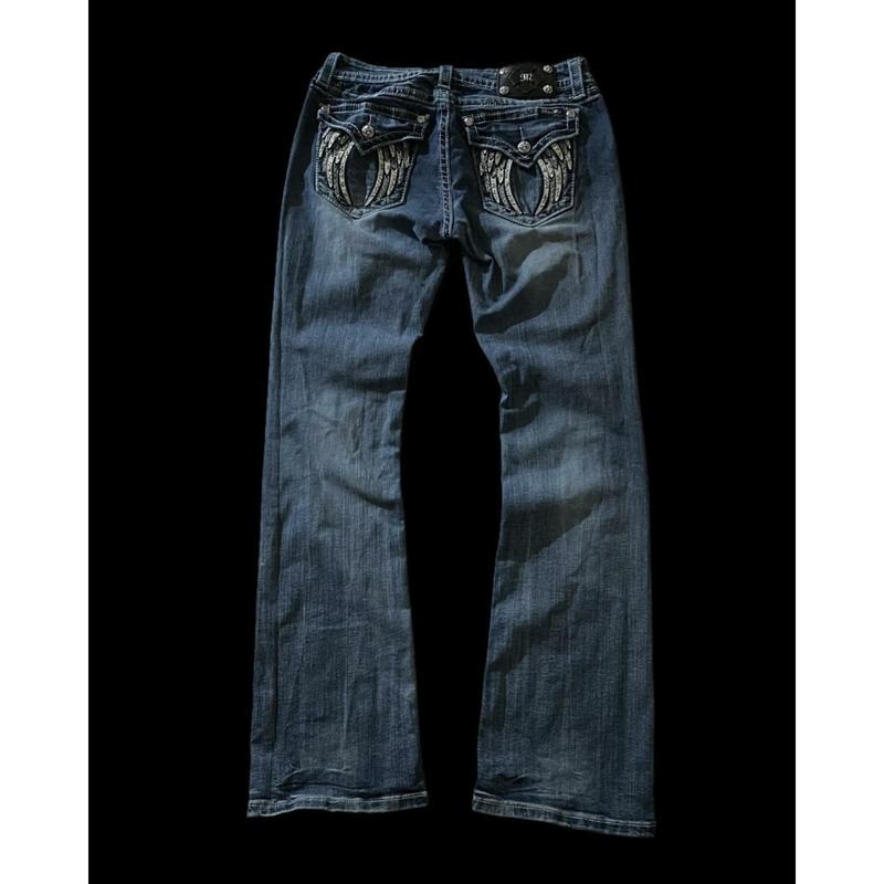 Y2K Fashion Retro Punk Llow Waist Bootcut Jeans Women Harajuku Wings Graphic Embroidered Pocket Pants Gothic Blue Denim Trousers Womenswear Bottom Streetwear Comfort 3