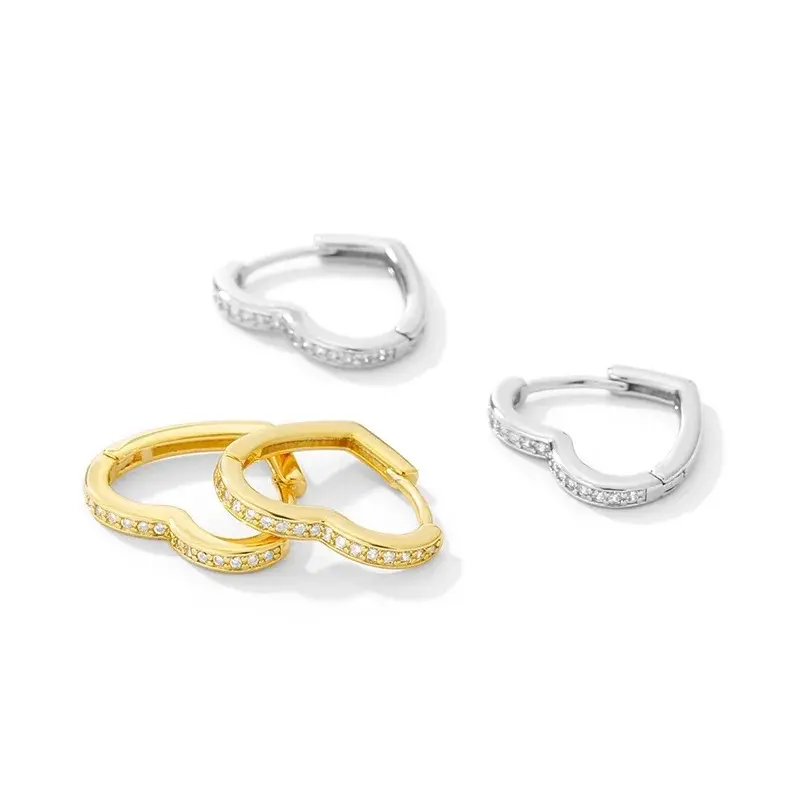 Gold Silver Heart Hoop Earrings with CZ Diamonds
