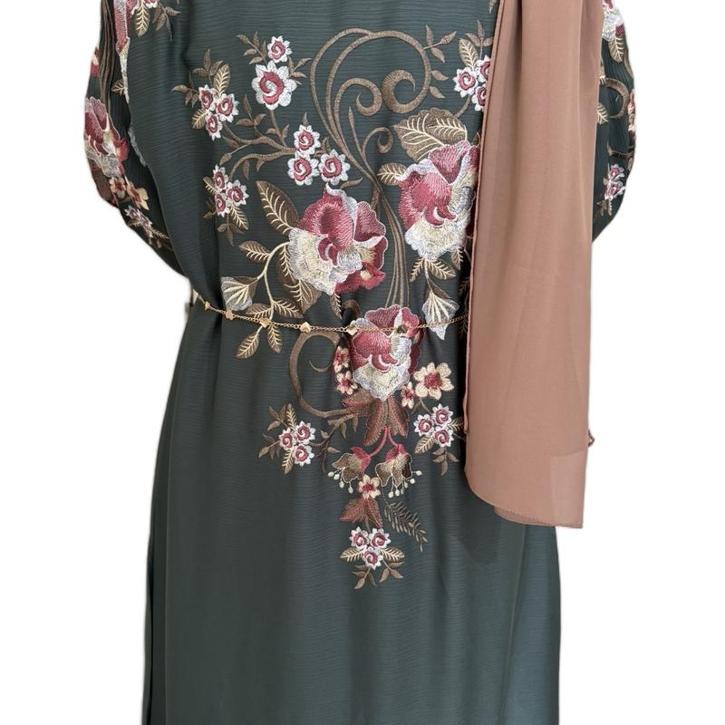 Sage Green Embroidery Abaya/Occasion Wear Modest Outfit /Muslim Abaya/Woman Fashion/Hijab styles/ Floral 4