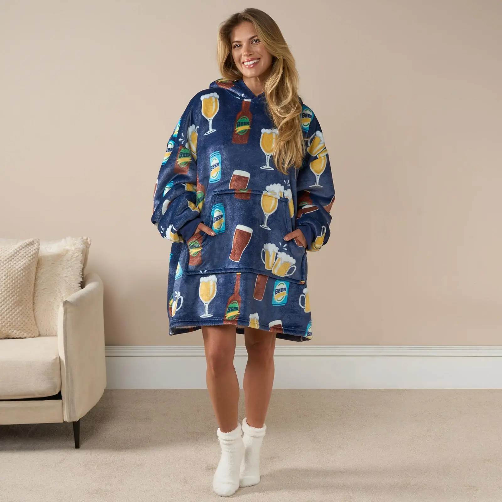 OHS Unisex Beer Pint Print Womens Mens Oversized Soft Warm Fleece Hoodie Blanket