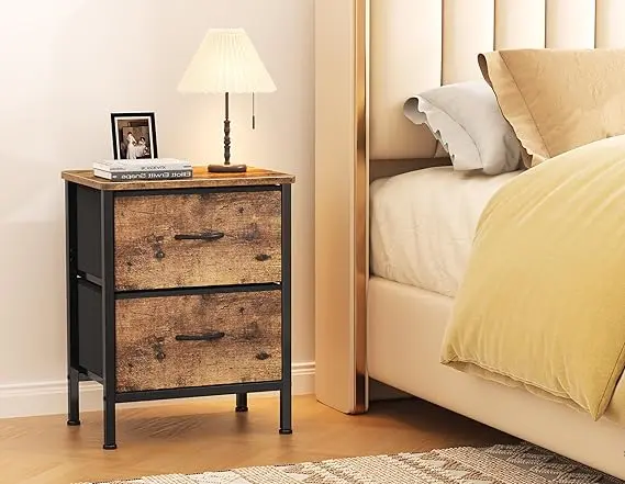 Bedside Table, Bedside Cabinet with 2 Large Capacity Fabric Storage Drawers, 54.5cm Height Sofa Side Table End Table Nightstand for Bedroom, Living Room, 42x30cm 1