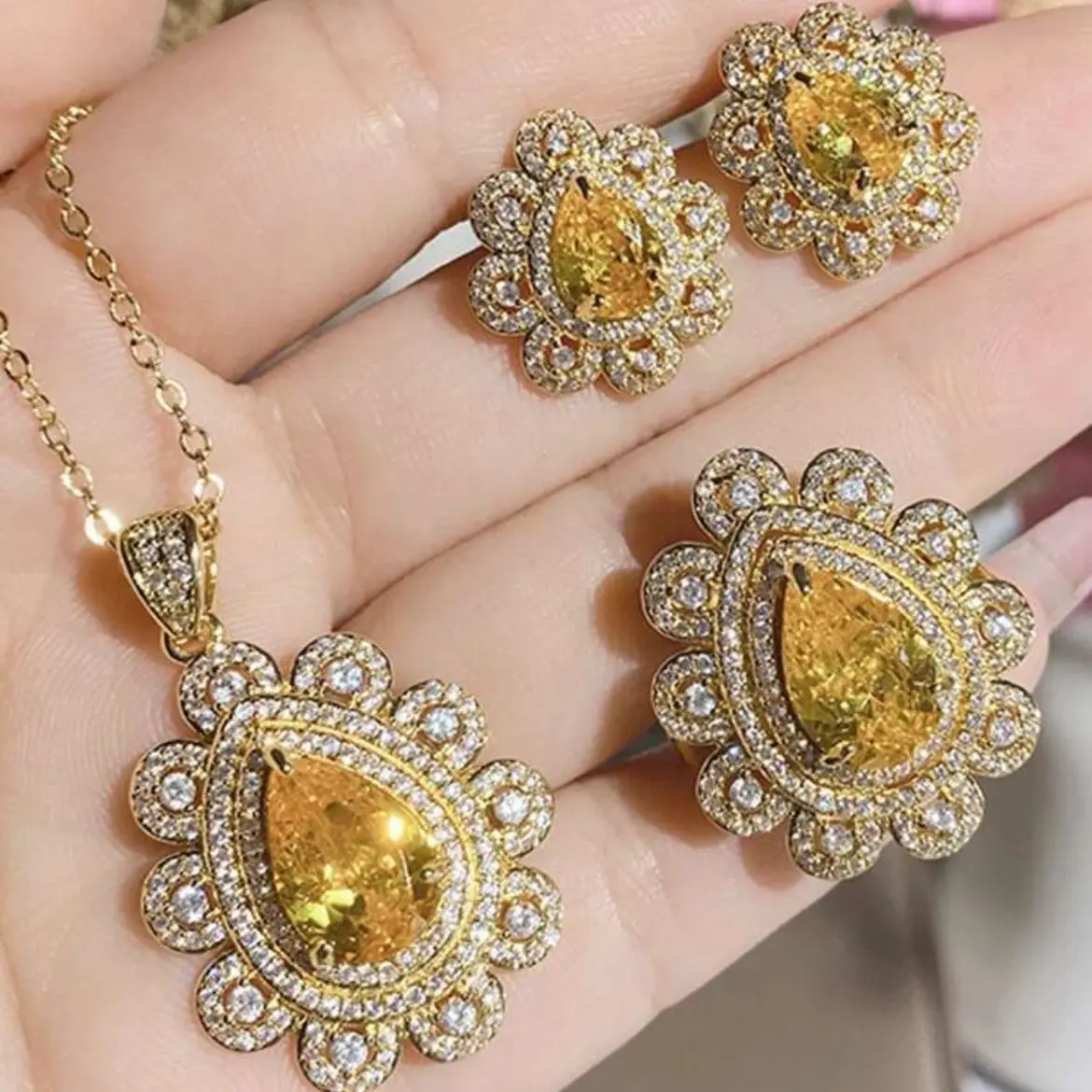 4pcs/set Gold-tone Yellow Gemstone Necklace, Earrings, Ring Suit For Wedding, Party & Costume