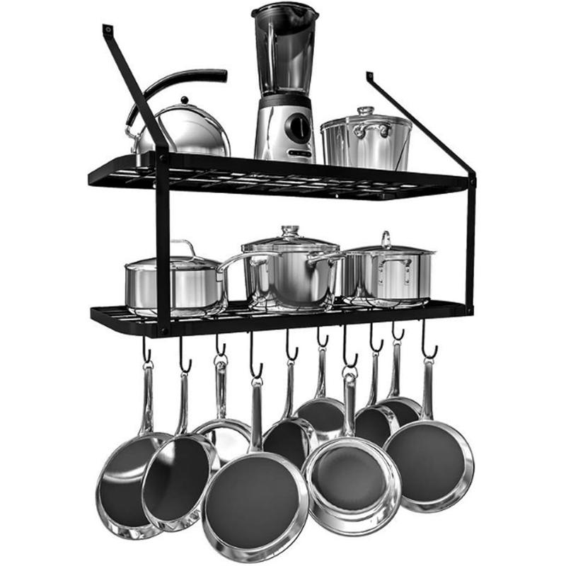 Product Introduction of New-2025  Metal Pot Pan Rack, Wall Mounted Kitchen Shelf with Hooks, Hanging Utensils Holder, Black Shelving Organizer for Kitchen Bathroom Balcony Storage (74.9x34.8x58.9cm) 11